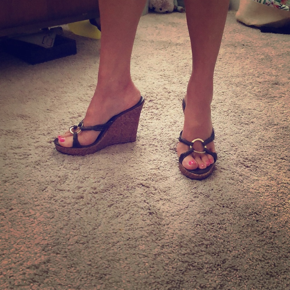 Brown wedges with gold hoop hardware